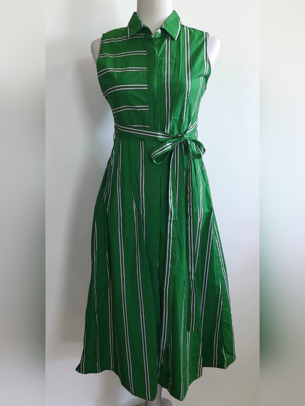 Mango Green/White Striped Sleeveless Belted Midi Dress | Summer Vacation | XS